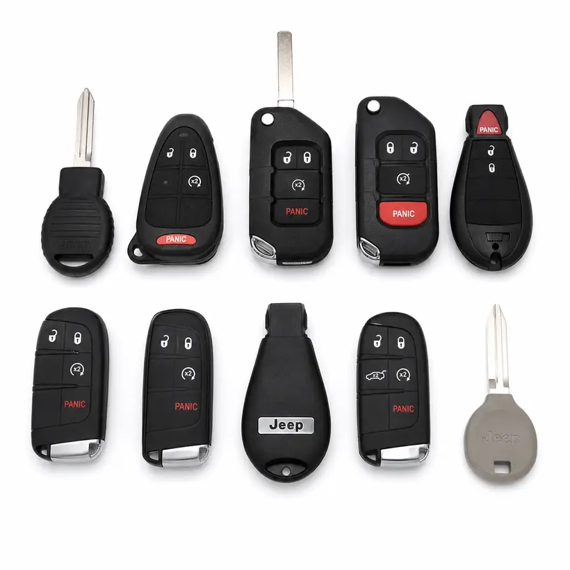 A range of Jeep keys and fobs we cut and program in West Palm Beach, FL
