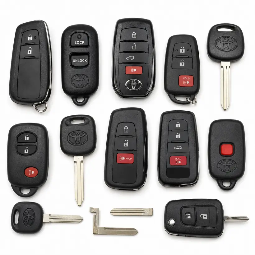 A range of Toyota keys and fobs we cut and program in West Palm Beach, FL
