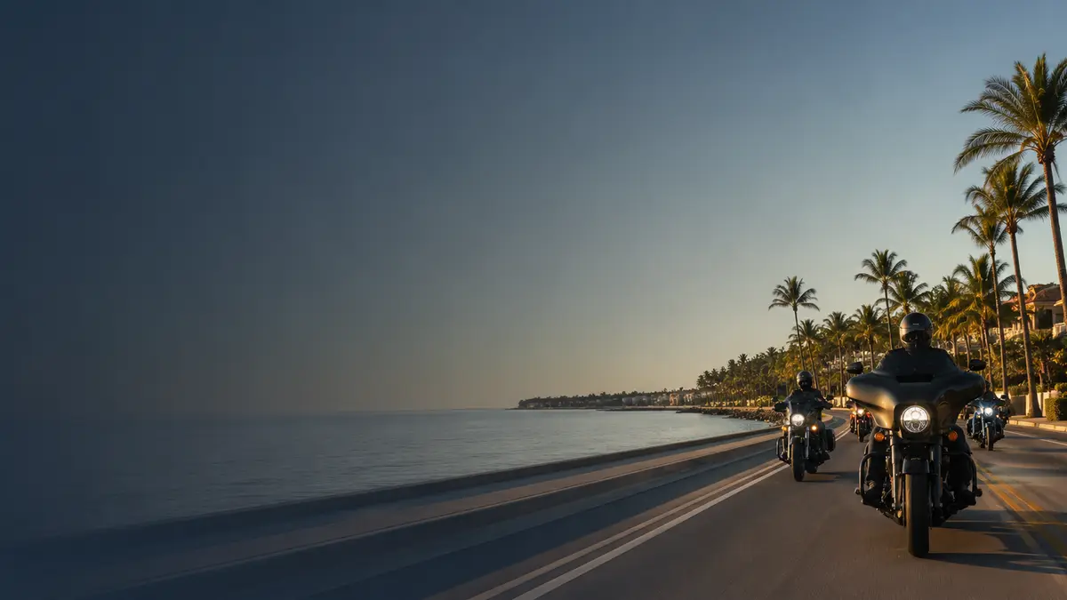 Motorcyclists riding a palm-lined coastal road in Palm Beach County at sunset